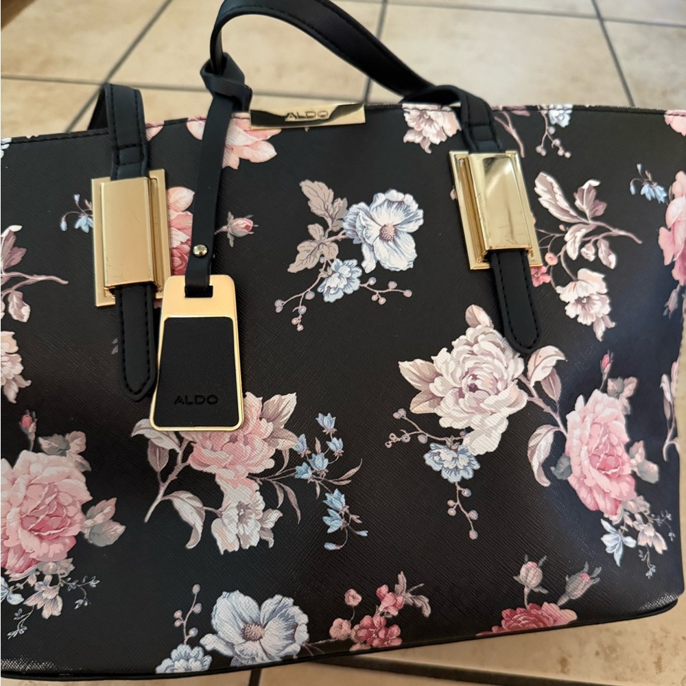 Aldo Black and Pink Floral Tote with Gold Accents